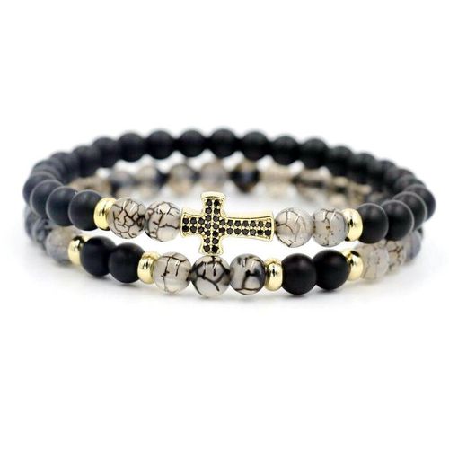 Bracelet Porte Bonheur En Pierre D'onyx Pour Hommes Et Femmes, Breloques En Cuivre, Micro Cz, Croix Pour Couples, Amour, Distance, 2 Pièces/Ensemble