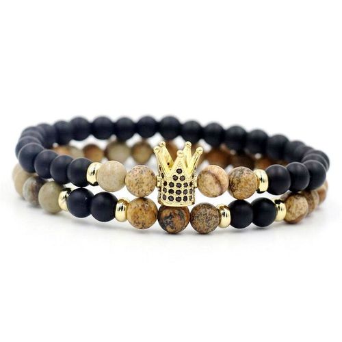 Bracelet En Onyx Pièces/Ensemble Naturel Pour Hommes Et Femmes, Perles En Pierre, En Cuivre, Micro Cz, Couronne Impériale, Bracelets Pour Couples, Cadeau Porte Bonheur