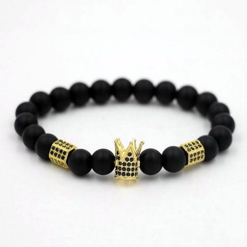 Bracelet En Pierre Noire Mate Pour Hommes, Bijou De Charme, Couleur Or, Micro Pavé, Noir, Cz Chakra, Couronne D'énergie