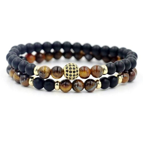 2 Pièces/Ensemble Top 6mm Oeil De Tigre Pierre Strand Bracelet Hommes Cuivre Zircon Boules Disco Bracelets Porte Bonheur Pour Les Couples Meilleur Ami Bijoux