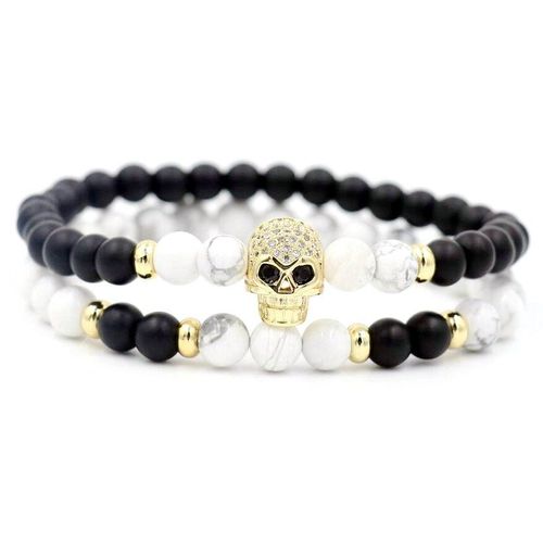 Bracelet De Couple En Pierre Howlite, 2 Pièces/Ensemble, Blanc, Argent, Micro Cz, Tête De Mort, Chakra, Meilleur Amour, Pour Hommes Et Femmes