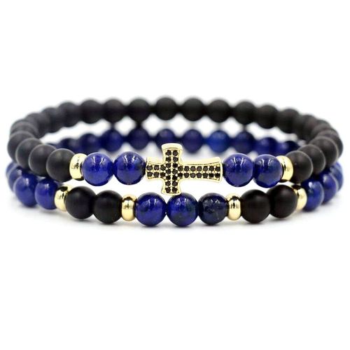 Bracelets En Lapis Lazuli Bleu Pour Hommes Et Femmes, 2 Brins De Pierre, Incrustation De Zircons Croisés, Breloque Énergétique, Cadeau D'amour, Pièces/Ensemble