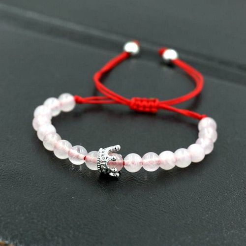 Bracelets Tressés Perlés En Pierre Rose Naturelle, 6mm, Couleur Argent, Couronne Impériale, Brillant, Cristal Cz, Corde Rouge