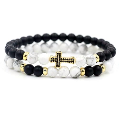 Bracelet En Pierre Howlite Blanche Pièces/Ensemble Naturelle Pour Hommes Et Femmes, En Cuivre, Avec Croix Porte Bonheur, Meilleur Ami