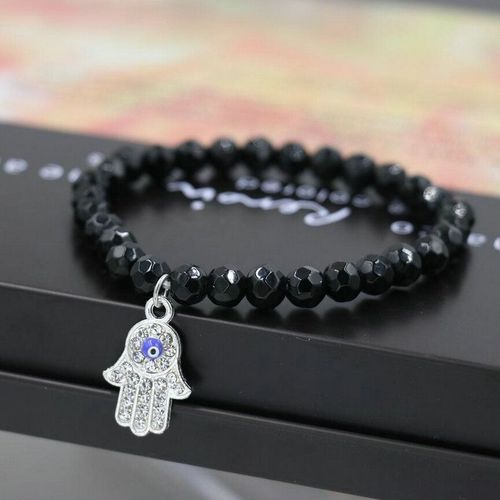 Bracelet En Pierre D'onyx Noire Pour Hommes Et Femmes, Bijou En Alliage De Zircon, Couleur Argent, Main De Hamsa, Chakra Porte Bonheur, Fatima, 6mm