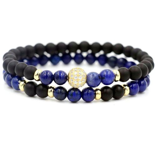 Bracelets À Breloques En Pierre Lapis Lazuli Pour Hommes, 2 Pièces/Ensemble 6mm, Incrustation De Boules De Cristal Zircon, Bracelet Pour Amoureux, Cadeau De Couple