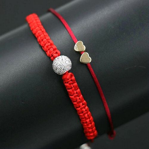 Mignon 2 Pièces/Ensemble Couleur Argent Micro Cz Strass Boule Bracelet Pour Filles Femmes Rouge Corde Fil Bracelet Pour Les Couples Enfants Cadeau D'amour