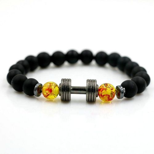 Bracelets En Alliage Pour Hommes, Perles De Couleur Jaune, Pierre Mate, Haltères De Fitness, Chakra Reiki Hamsa, 8mm