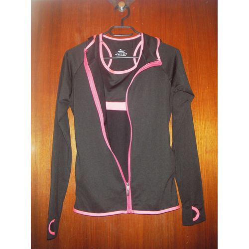 Ensemble Gilet À Capuche, Moulant Et Brassière De Sport Assortie Made In China, Taille M 160/80a, Coloris Noir, Bords Rose Fushia, Gilet 2 Poches Sur Les Côtés, Fermeture Zippée, 93% Polyester...