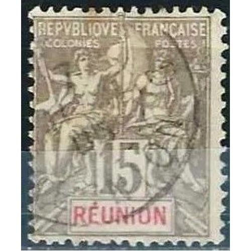 La Réunion, Colonie Française 1900 / 05, Beau Timbre Yvert 48, Type Sage "Colonies", 15c. Gris, Cartouche Rouge, Oblitéré, Tbe