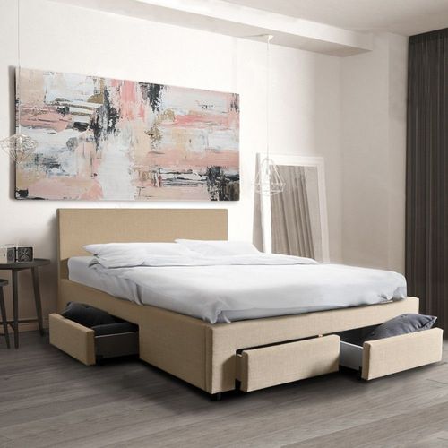 Lit Lugano 140x190 + 1 Sommier + 4 Tiroirs / Beige/ 202x150x85