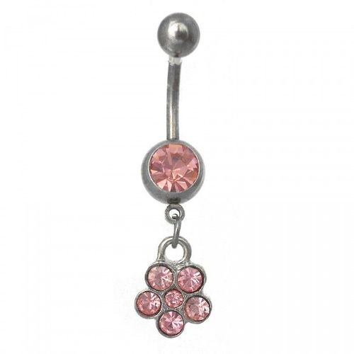 Piercing Nombril Bouton De Fleur Strass Rose Acier Inoxydable Femme