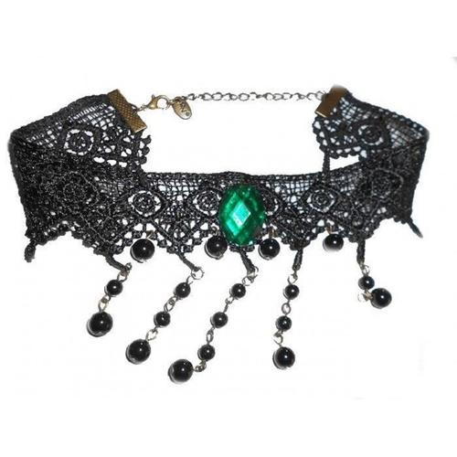 Ras De Cou Dentelle Perles Noires Et Perle À Facette Verte Femme