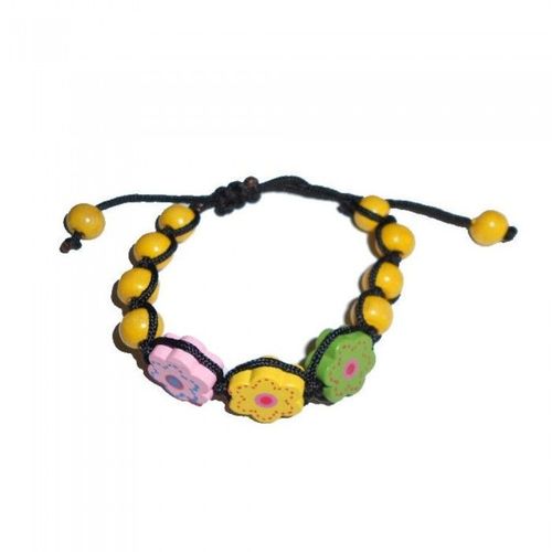 Bracelet Perles En Bois Fleur Jaune Vert Rose Enfant Femme