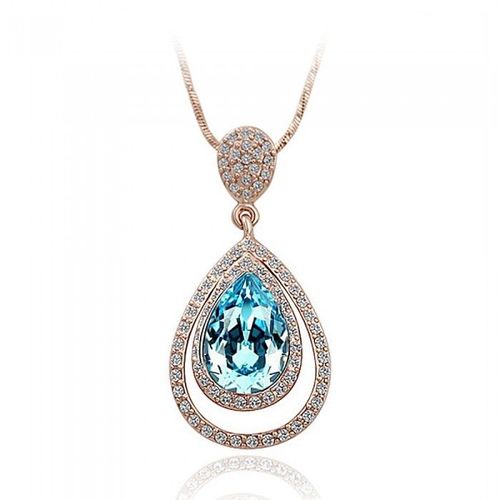 Collier Goutte Bleue Double Cercles Sertis De Strass Doré Rose Femme