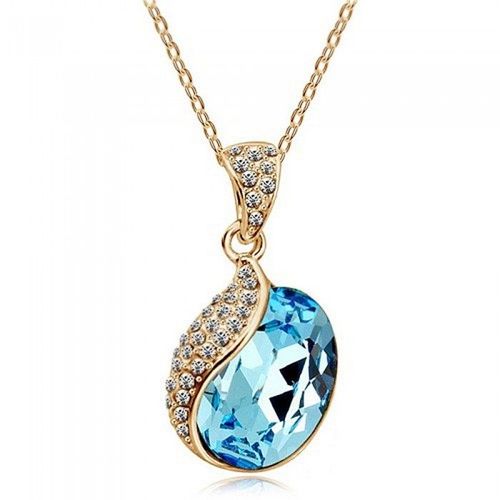 Collier Goutte Bleu Turquoise Et Support Serti De Strass Doré Rose Femme