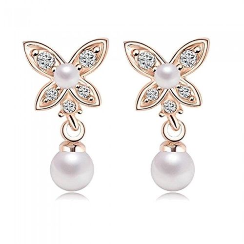 Boucles D'oreilles Fleur Perle Et Strass Tombantes Doré Rose Femme