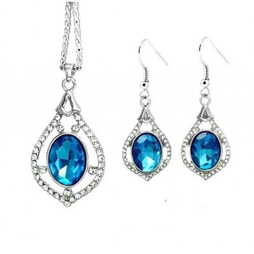 Parure Goutte Argentée Cristal Bleu Turquoise Femme