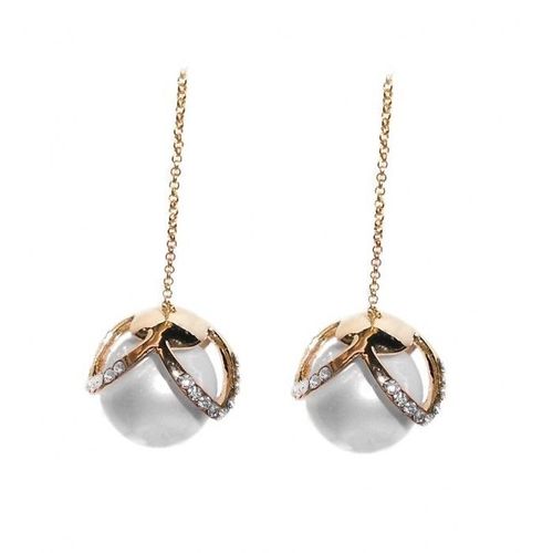 Boucles D'oreilles Perle Et Strass Tombantes Avec Chaînette Doré Femme