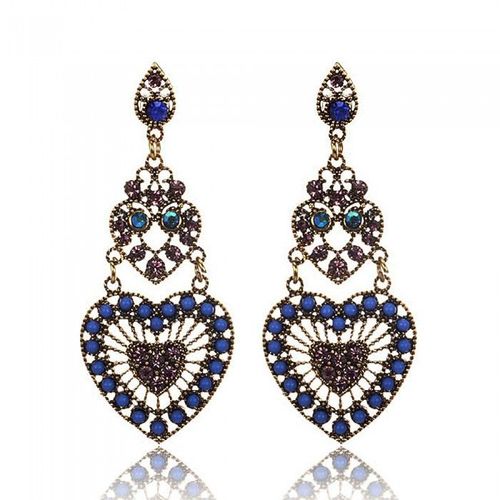 Boucles D'oreilles Coeurs Dorés Strass Rose Bleu Et Vert Femme