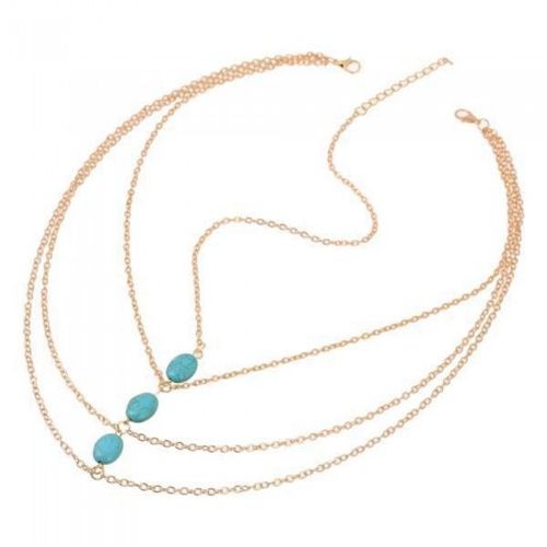 Chaîne De Tête Dorée Trois Perles Bleu Turquoise Femme