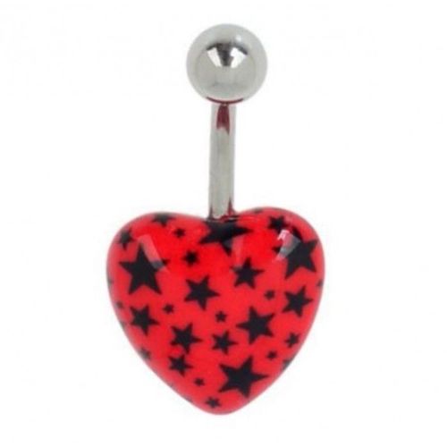 Piercing Nombril Coeur Étoiles Noires Fond Rouge Acier Femme