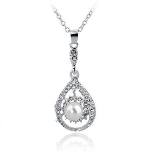Collier Goutte Perle Blanche Strass Argenté Femme