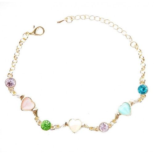 Bracelet Doré Coeurs Et Strass Colorés Bleu Turquoise, Rose Et Vert Femme