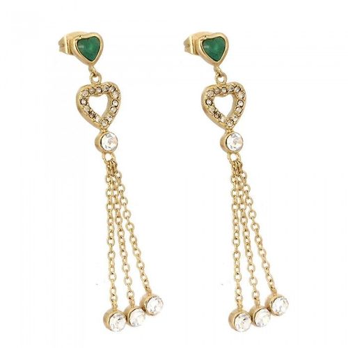 Boucles D'oreilles Dorées Coeurs Chaînettes Strass Et Coeur Vert Femme