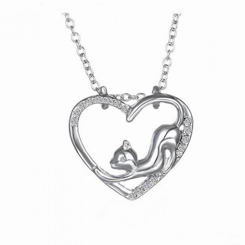 Collier Argenté Chat Dans Un Coeur Strass Femme