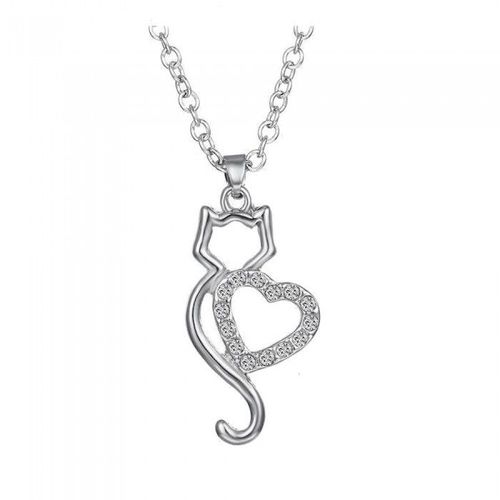 Collier Argenté Chat Au Gros Coeur De Strass Femme