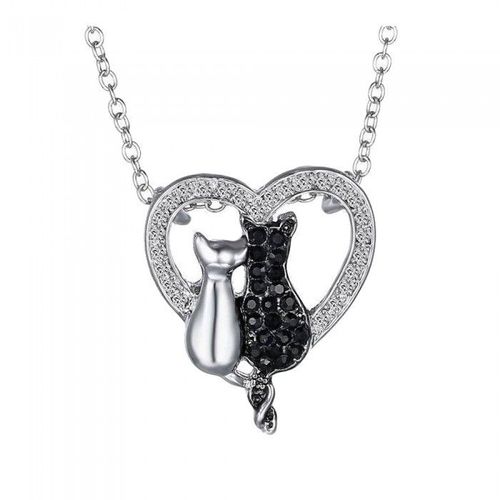 Collier Argenté Couple De Chat Coeur Strass Blanc Et Noir Femme