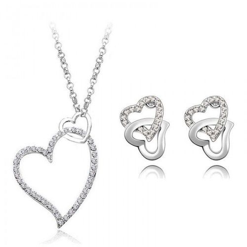 Parure Double Coeurs Cristaux Argenté Femme