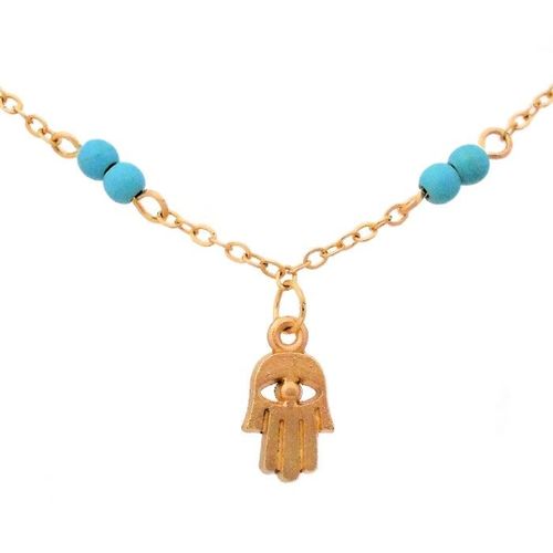 Collier Doré Main De Fatma Oriental Perles Bleu Turquoise Femme