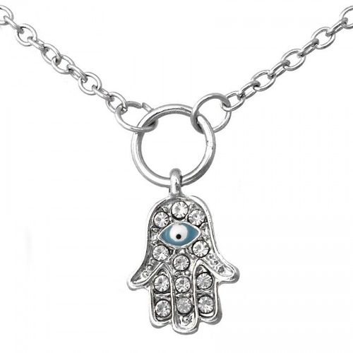 Collier Argenté Main De Fatma Oriental Strass Oeil Bleu Femme