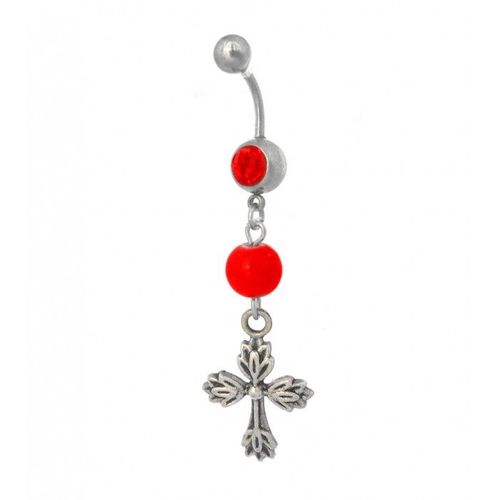 Piercing Nombril Croix Gothique Perle Rouge Strass Acier Femme