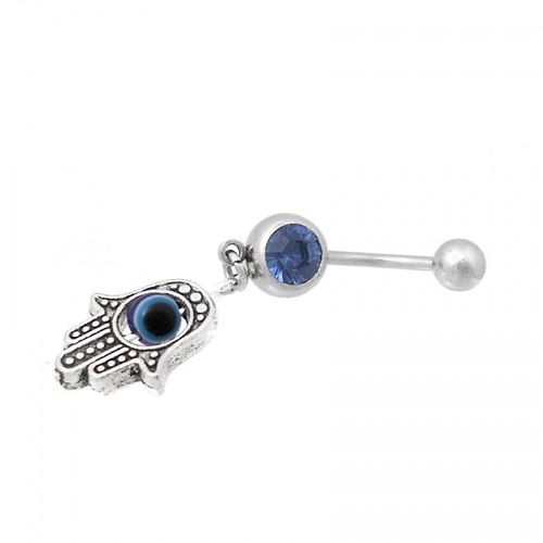 Piercing Nombril Main De Fatma Oeil Strass Bleu Acier Inoxydable Femme