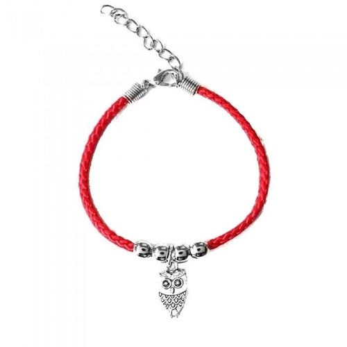 Bracelet Hibou Et Perle Argenté Cordon Rouge Femme