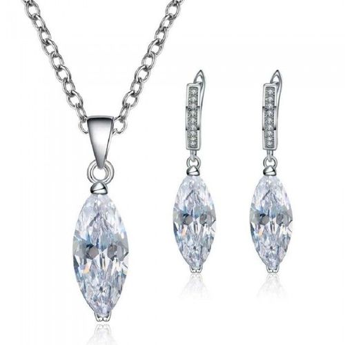 Parure Bijoux Goutte Ovale Amande Strass Blanc Argentée Femme