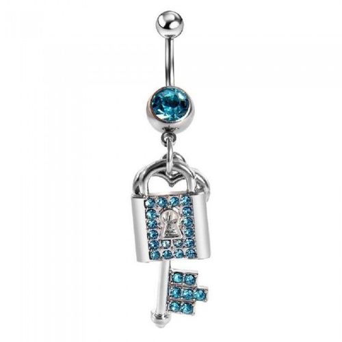 Piercing Nombril Cadenas Et Clé Strass Bleu Turquoise Acier Inoxydable Femme