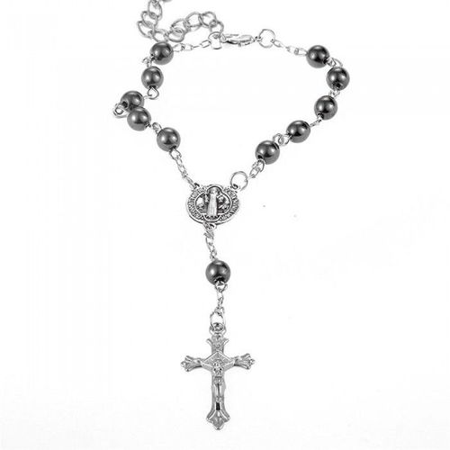 Bracelet Chapelet Croix Christ Perle Noire Argenté Femme