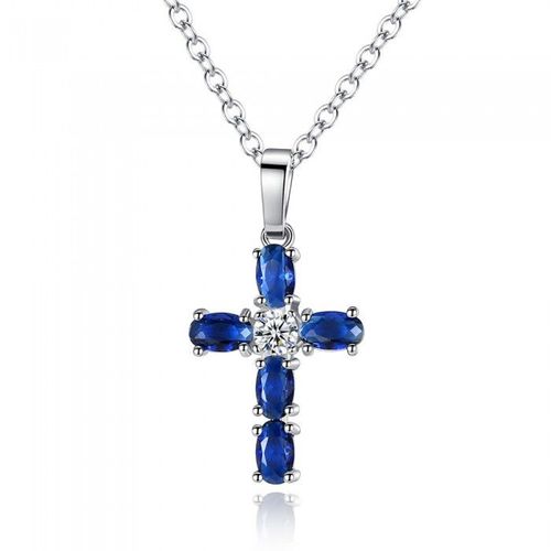 Collier Croix Oxyde De Zirconium Blanc Et Bleu Roi Argenté Femme