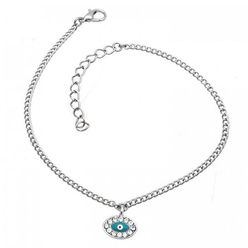 Chaîne De Cheville Argentée Oeil Strass Fond Bleu Femme