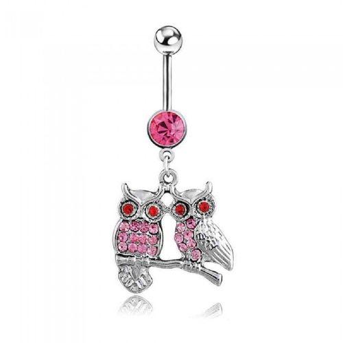 Piercing Nombril Couple De 2 Hiboux Strass Rose Et Rouge Acier Inoxydable Femme