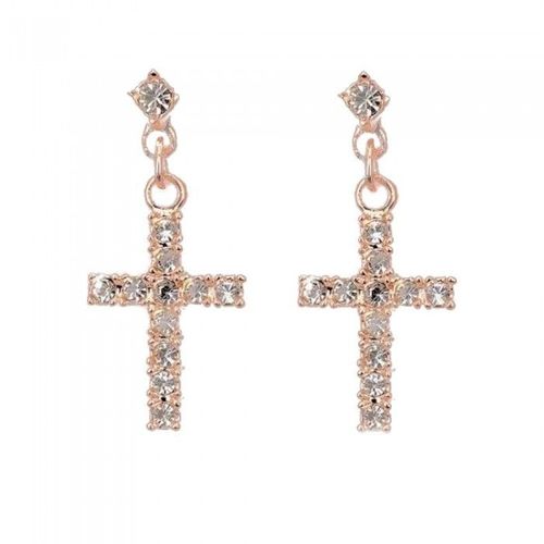 Boucles D'oreilles Dorées Rose Croix Strass Pendantes Femme