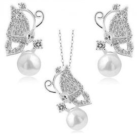 Parure Bijoux Papillon Perle Strass Argentée Femme