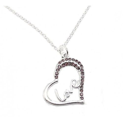 Collier Argenté Coeur Love Strass Violet Femme