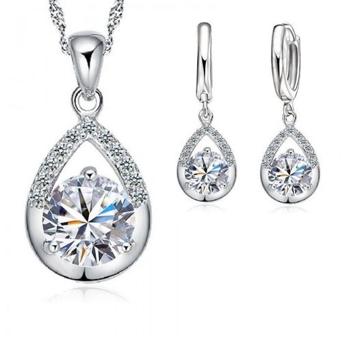 Parure Bijoux Goutte Boucles D'oreilles Anneaux Sertie D'oxyde De Zirconium Argenté Femme
