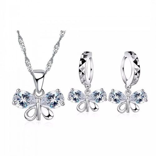 Parure Bijoux Papillon Boucles D'oreilles Anneaux Oxyde De Zirconium Argenté Femme