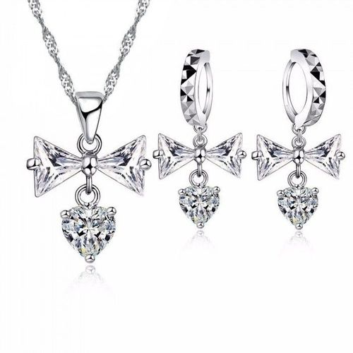 Parure Bijoux Coeur Noeud Boucles D'oreilles Anneaux Oxyde De Zirconium Argenté Femme